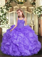  Sleeveless Organza Floor Length Lace Up Little Girl Pageant Dress in Lavender with Beading and Ruffles