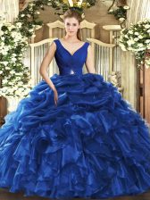 Hot Selling Blue Sleeveless Beading and Ruffles Floor Length Sweet 16 Dress