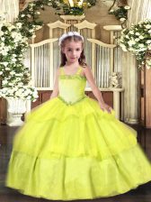 Enchanting Floor Length Lace Up Little Girl Pageant Gowns Yellow for Party and Quinceanera with Appliques and Ruffled Layers