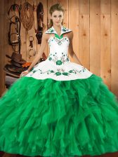  Floor Length Green Quinceanera Gowns Satin and Organza Sleeveless Embroidery and Ruffles