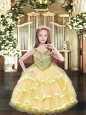  Gold Scoop Neckline Beading and Ruffled Layers Pageant Gowns For Girls Sleeveless Lace Up