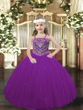 Eye-catching Straps Sleeveless Pageant Dress Womens Floor Length Beading Purple Tulle