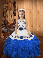 Fancy Blue Straps Lace Up Embroidery and Ruffles Pageant Dress Womens Sleeveless