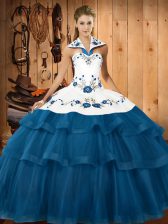 Nice Sleeveless Sweep Train Embroidery and Ruffled Layers Lace Up Ball Gown Prom Dress