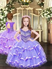  Lavender Sleeveless Beading and Ruffled Layers Floor Length Kids Formal Wear