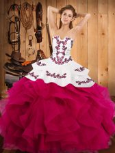 Hot Selling Hot Pink Lace Up Strapless Embroidery and Ruffles Quinceanera Dress Satin and Organza Sleeveless