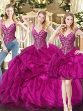  Fuchsia V-neck Lace Up Ruffles Quinceanera Gown Sleeveless