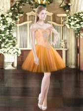 Beauteous Orange Red Ball Gowns Beading Dress for Prom Lace Up Tulle Sleeveless Mini Length