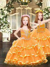  Floor Length Orange Little Girl Pageant Gowns Spaghetti Straps Sleeveless Lace Up