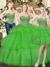 Glamorous Green Three Pieces Sweetheart Sleeveless Organza Floor Length Lace Up Beading and Ruffled Layers Sweet 16 Dress