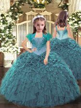 Perfect Teal Ball Gowns Straps Sleeveless Organza Floor Length Lace Up Beading and Ruffles Little Girls Pageant Dress