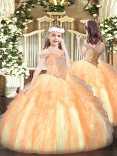 Exquisite Sleeveless Floor Length Beading and Ruffles Lace Up Pageant Gowns with Orange
