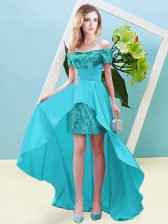 Top Selling Aqua Blue Short Sleeves High Low Beading Lace Up 