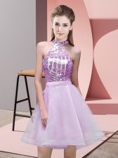 Pretty Lilac Chiffon Backless Halter Top Sleeveless Mini Length Quinceanera Court of Honor Dress Sequins