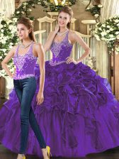  Sleeveless Tulle Floor Length Lace Up Quinceanera Gowns in Purple with Beading and Ruffles
