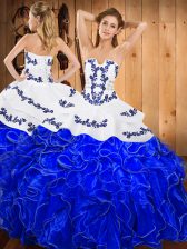 Latest Blue And White Lace Up Strapless Embroidery and Ruffles 15th Birthday Dress Satin and Organza Sleeveless