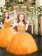Pretty Orange Lace Up Spaghetti Straps Beading Pageant Gowns For Girls Tulle Sleeveless
