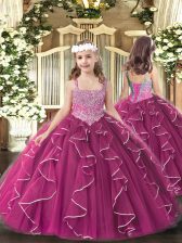 Top Selling Beading and Ruffles Pageant Dress for Womens Fuchsia Lace Up Sleeveless Floor Length