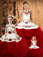 Free and Easy Wine Red Ball Gowns Satin and Organza Halter Top Sleeveless Embroidery and Ruffles Floor Length Lace Up Sweet 16 Quinceanera Dress