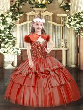  Organza Straps Sleeveless Lace Up Beading and Ruffled Layers Custom Made Pageant Dress in Coral Red