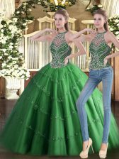  High-neck Sleeveless Lace Up Vestidos de Quinceanera Green Tulle