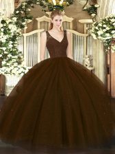  Sleeveless Tulle Floor Length Backless Sweet 16 Quinceanera Dress in Brown with Beading and Lace