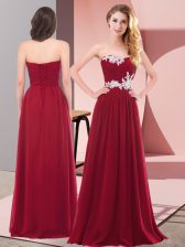  Sleeveless Chiffon Floor Length Lace Up Prom Dress in Wine Red with Appliques