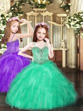  Turquoise Lace Up Spaghetti Straps Beading and Ruffles Little Girl Pageant Gowns Tulle Sleeveless