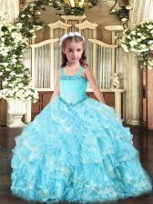  Light Blue Sleeveless Appliques and Ruffled Layers Floor Length Pageant Dress Toddler