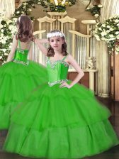 Dramatic Green Lace Up Straps Beading and Ruffled Layers Kids Formal Wear Organza Sleeveless