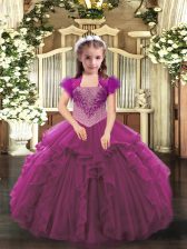 Adorable Straps Sleeveless Organza Girls Pageant Dresses Beading and Ruffles Lace Up
