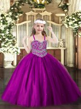  Sleeveless Tulle Floor Length Lace Up Pageant Dress for Girls in Fuchsia with Beading