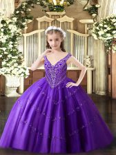Best Purple Sleeveless Beading and Appliques Floor Length Custom Made Pageant Dress