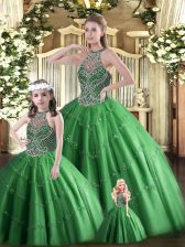  Tulle Halter Top Sleeveless Lace Up Beading Quinceanera Gown in Dark Green