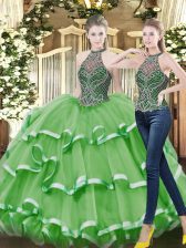 Modern Green Sleeveless Beading and Ruffled Layers Floor Length Ball Gown Prom Dress
