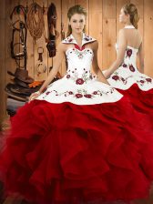  Sleeveless Floor Length Embroidery and Ruffles Lace Up Quinceanera Gown with Wine Red
