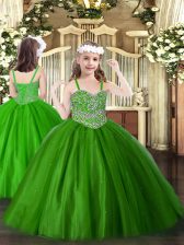 Gorgeous Straps Sleeveless Lace Up Pageant Dress for Girls Green Tulle