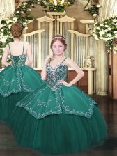 High Quality Dark Green Ball Gowns Beading and Embroidery Child Pageant Dress Lace Up Satin and Organza Sleeveless Floor Length