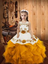 High Class Organza Straps Sleeveless Lace Up Embroidery and Ruffles Little Girls Pageant Dress in Gold