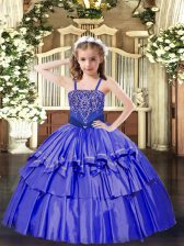 Hot Selling Blue Ball Gowns Straps Sleeveless Organza Floor Length Lace Up Beading and Ruffled Layers Pageant Dress Toddler