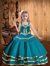 New Style Floor Length Lace Up Little Girls Pageant Gowns Teal for Sweet 16 and Quinceanera with Embroidery and Ruffled Layers