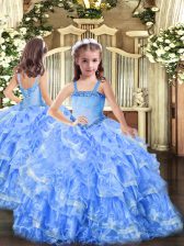 Beauteous Floor Length Lace Up Pageant Gowns For Girls Baby Blue for Party and Quinceanera with Appliques and Ruffled Layers