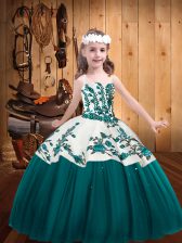 Classical Tulle Straps Sleeveless Lace Up Embroidery Kids Pageant Dress in Teal 