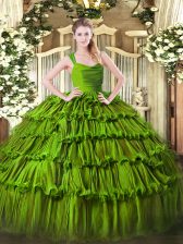  Green Straps Neckline Beading and Ruffled Layers 15th Birthday Dress Sleeveless Zipper