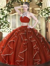 Nice Rust Red Two Pieces Beading and Ruffles Sweet 16 Quinceanera Dress Backless Tulle Sleeveless Floor Length