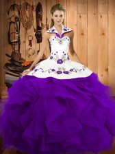  Purple Tulle Lace Up Halter Top Sleeveless Floor Length Quinceanera Gowns Embroidery and Ruffles