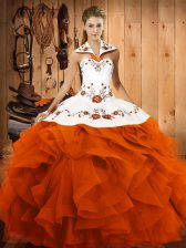 Exquisite Orange Red Ball Gowns Halter Top Sleeveless Tulle Floor Length Lace Up Embroidery and Ruffles 15th Birthday Dress