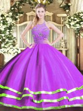 Modern Eggplant Purple Tulle Zipper Halter Top Sleeveless Floor Length Ball Gown Prom Dress Beading