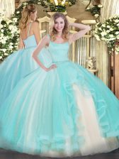 Top Selling Straps Sleeveless Zipper Quinceanera Gowns Aqua Blue Tulle