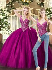 Romantic Sleeveless Floor Length Beading Lace Up Sweet 16 Quinceanera Dress with Fuchsia
